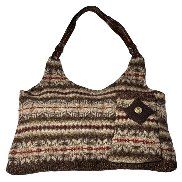 RARE EDDIE BAUER Brown Wool Blend Shoulder Tote Bag Leather Braided Straps - Picture 2 of 16